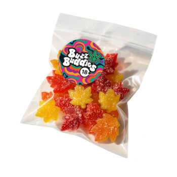 Buzz Buddies<br> 	<font size="3px">A 100 mg pack<br> loaded with 10 × 10 mg <br>delicious fruit-flavoured, <br>THC-infused gummies. Enjoy bold flavours of grape, raspberry, peach, and mango.</font>